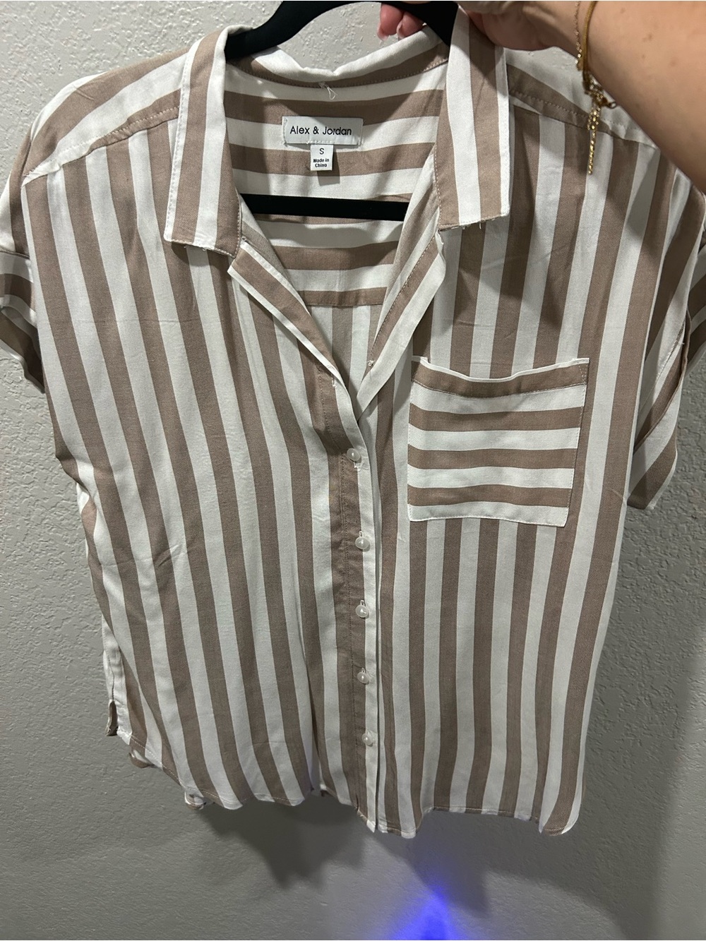 Alex & Jordan Tan and White Striped Button-Down Shirt